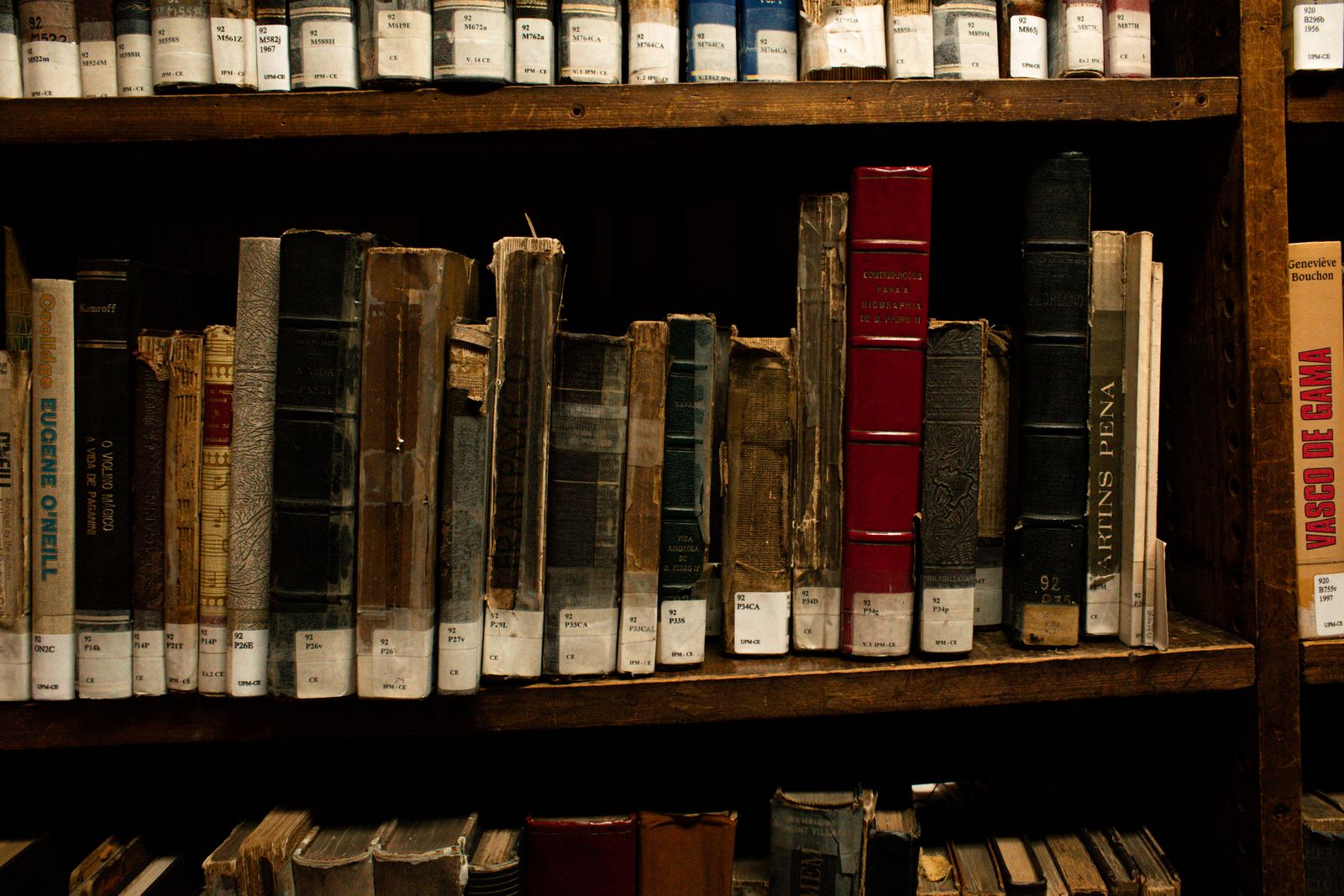 Des livres anciens et rares sur des étagères en bois dans une bibliothèque de São Paulo, présentant la littérature class
